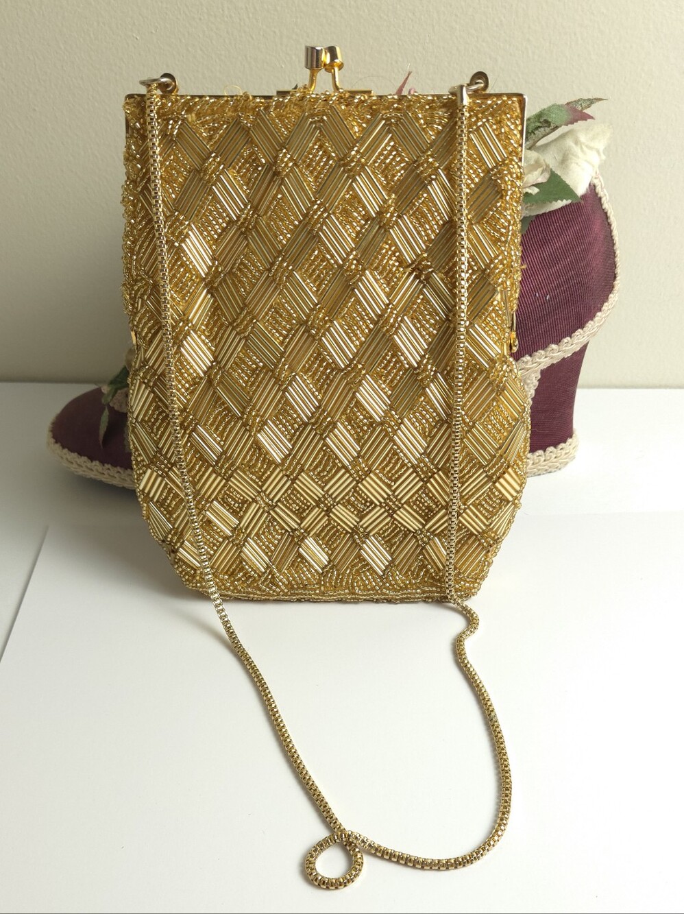 Vintage Laura Gold Glass Seed Beaded Purse with Gold Chain Shoulder Strap